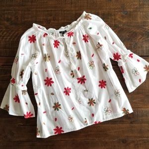 Robert Kitchen Floral Embroidered Peasant Blouse Top Medium White Multi